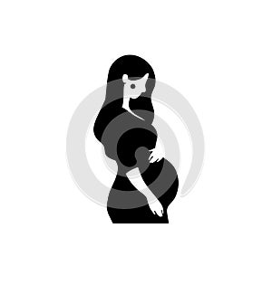 Black silhouette of a beautiful pregnant woman. Side view of a cute girl with a pregnant belly. Flat cartoon illustration isolated