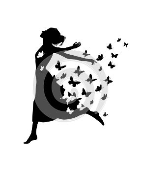 Black silhouette body of beautiful girl lady woman in dress with flying butterflies