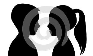 Black silhouette of boy and girl on white background. The faces are facing each other. Vector illustration of a contour of the