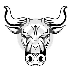 Black silhouette of a bull head. The symbol of the new year 2021. Contour metal buffalo with horns. Vector outline illustration