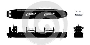 Black silhouette of cargo ship on white background. Top, side and front view of tanker photo