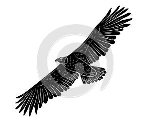 Black silhouette Cartoon flying wild eagle in isolate on a white background.