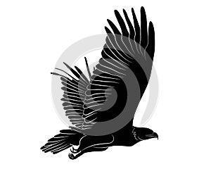 Black silhouette Cartoon flying wild eagle in isolate on a white background.