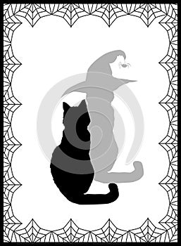 Black silhouette of cat and his shadow in witch hat on white