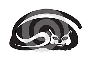 Black silhouette of a cat on white background. Stylized creative decorative image.