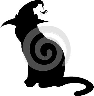 Black silhouette of cat in witch hat isolated on white backgrou