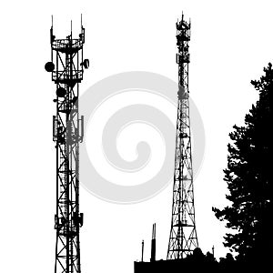 Black silhouette of cell phone tower isolated on white background. Vector EPS10