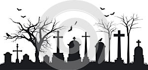 Black silhouette of cemetery with tombstones, crosses, gravestones, crows, bats and trees.