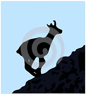Black silhouette of chamois, jumping up the hill. Blue background.