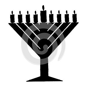 Black silhouette of Chanukiah. Triangular Chanukah Chabad. Jewish holiday of Hanukkah. Vector illustration on isolated background