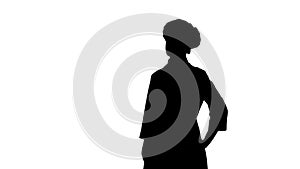 Black silhouette of chef woman is posing with a stewpot.