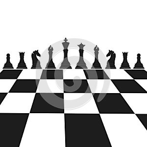 Black silhouette chess pieces set isolated on white background. Chess icons on chessboard. King, queen, rook, knight, bishop, pawn