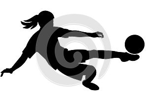 Black silhouette of a child girl school women's football player jumps to hit the ball