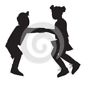 Black silhouette of children jumping holding hands, vector illustration isolated.
