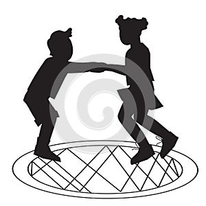 Black silhouette of children jumping on trampoline holding hands, vector isolated.