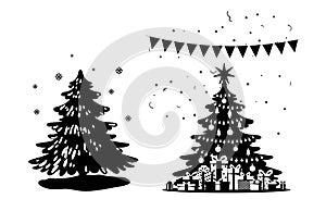 Black silhouette of a Christmas tree before and after decoration. Set of New Year design elements. Christmas tree in the forest,
