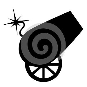 Black silhouette circus design cannon on wheels with burning wick vector illustration on white background web site page and mobile