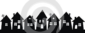 Black silhouette of city, group of houses, vector icon