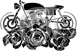 black silhouette of classic cafe racer motorcycle and roses