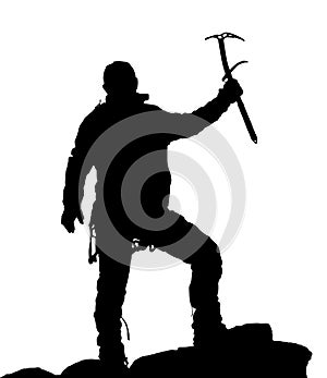 Black silhouette of climber with ice axe in hand