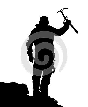 Black silhouette of climber with ice axe in hand