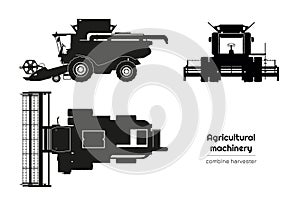 Black silhouette of combine harvester. Side, front and top view of agriculture machinery. Industrial isolated drawing