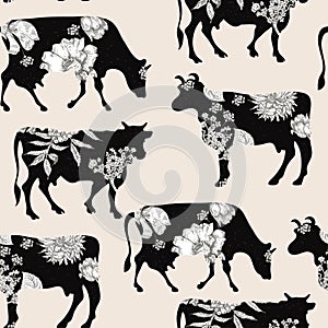 Black silhouette of a cow with white flowers. Vector illustration. Farm animal. Agriculture.