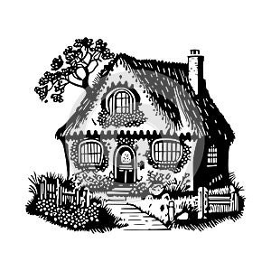 Black Silhouette Cozy Country Cottage Sketch
