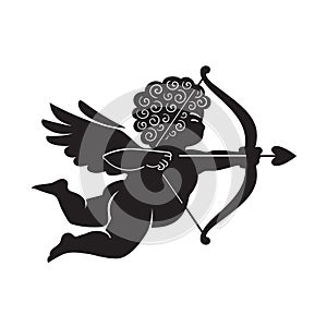 Black silhouette of Cupid aiming a bow and arrow. Valentines Day love symbol.Vector illustration isolated