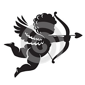 Black silhouette of Cupid aiming a bow and arrow. Valentines Day love symbol.Vector illustration isolated