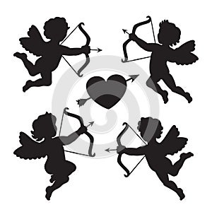 Black silhouette of a cupids. Design for Valentines day. Vector