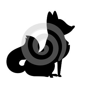 Black silhouette. Cute fox. Onivorous mammals, family Canidae. Cartoon animal design. Flat  illustration isolated on white