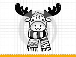 Black silhouette of cute and funny christmas moose. . Vector illustration