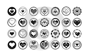 Black silhouette cute pointy heart shape symbols circle emblem icons set design elements on white