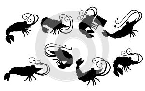 Black silhouette. Cute shrimp set. Cartoon animal character design. Swimming crustaceans icon collection. Flat vector illustration