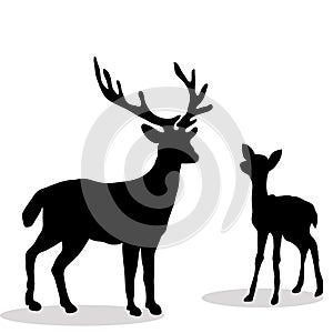 Black silhouette Deer and Fawn white background