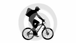 Black silhouette of delivery man in uniform with portable backpack riding a sport bicycle isolated on white background