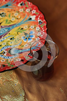 Still life in turkish oriental style. Tea and trditional plate. Turkey.