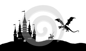 Black silhouette of dragon and knight on white background. Landscape with castle. Fantasy battle