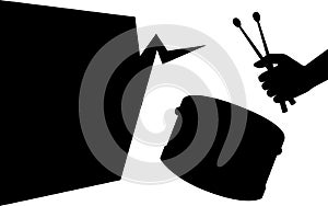 Black silhouette. Drum and wooden drum sticks. Hand hold drumsticks. Musical instrument, drum machine. Flat  illustration on