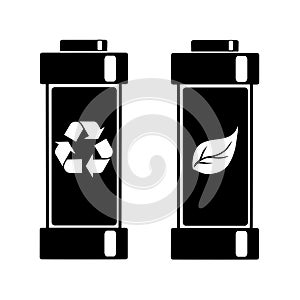 Black silhouette of ecological recyclable accumulator. Set battery with recycling symbol and leaf. Recharged natural battery.