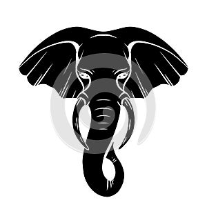 Black silhouette of elephant head with trunk and tusks. Wild mammal. Vector outline drawing