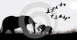 Black silhouette of elephants and birds. Indian landscape. Panorama of wild nature. Vector illustration