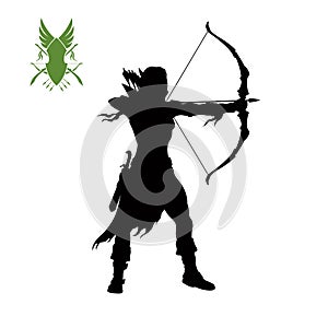 Black silhouette of elven archer with bow. Fantasy character. Games icon of scout with weapon