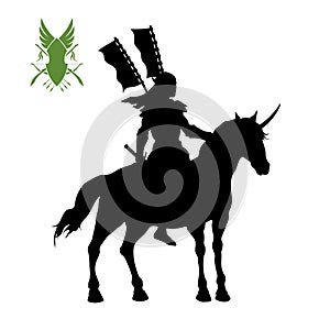 Black silhouette of elven knight with banner. Fantasy warlord character. Games icon of elf on unicorn. Isolated drawing