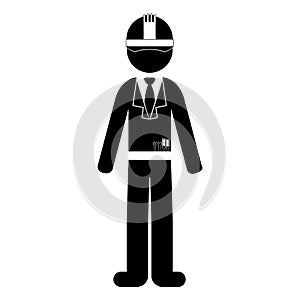 Black silhouette engineer with formal suit and helmet