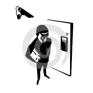 Black silhouette of an evil dangerous man, spy, criminal, in front of the house door, digital security camera