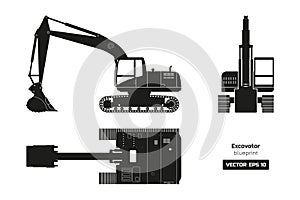 Black silhouette of excavator. Top, side and front view. Diesel digger blueprint. Hydraulic machinery image