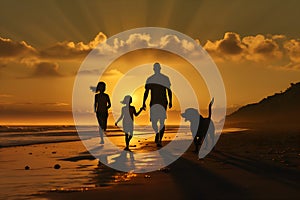 black Silhouette of family walking with their dogs at the beach. one parent - father walking with 2 two daughters. Family beach