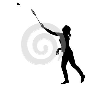 Black silhouette of female badminton player on white background